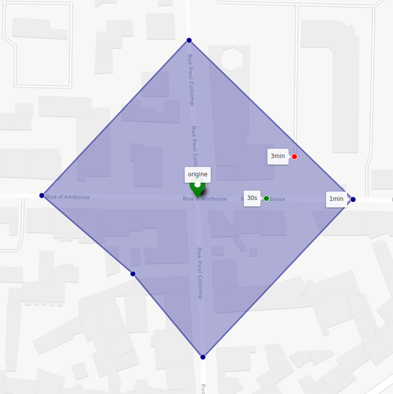 Représentation d'une isochrone approximative sur une carte autour d'une intersection en ville, des points associés à leur temps d'accès montrent l'inexactitude de la représentation
