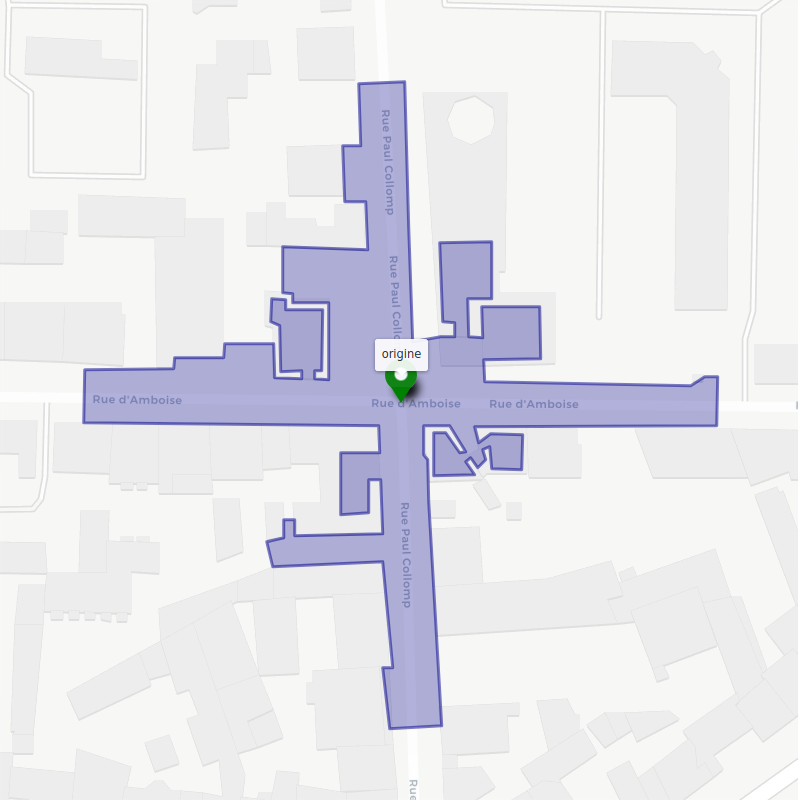 Représentation d'une isochrone très détaillée sur une carte autour d'une intersection en ville