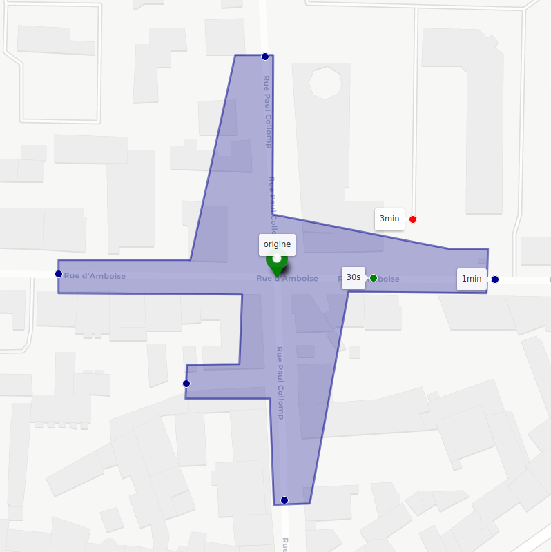 Représentation alternative d'une isochrone sur une carte autour d'une intersection en ville avec des points associés à leur temps d'accès